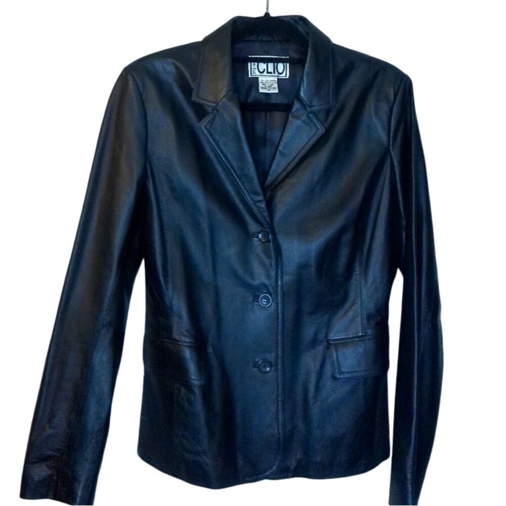 Vintage Clio Black Leather Blazer Jacket Size Small 3 Button 90s Size Small